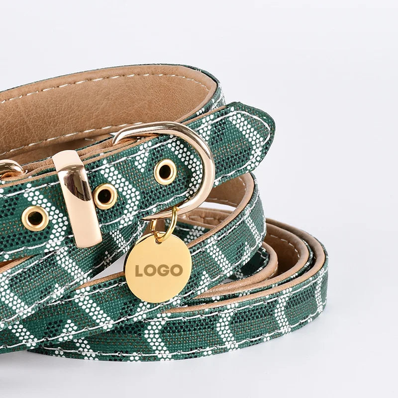 soft leather pet collar and leash set